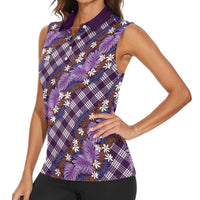 Polynesian Monstera Tiare Floral Women Sleeveless Polo Shirt Lavender Tropical Plaid LT01 - Polynesian Pride