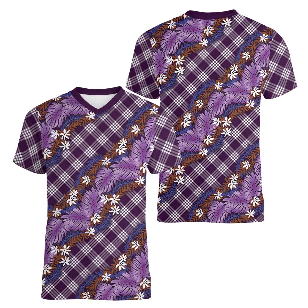 Polynesian Monstera Tiare Floral Women V-Neck T-Shirt Lavender Tropical Plaid LT01 - Polynesian Pride