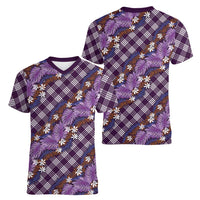 Polynesian Monstera Tiare Floral Women V-Neck T-Shirt Lavender Tropical Plaid LT01 - Polynesian Pride