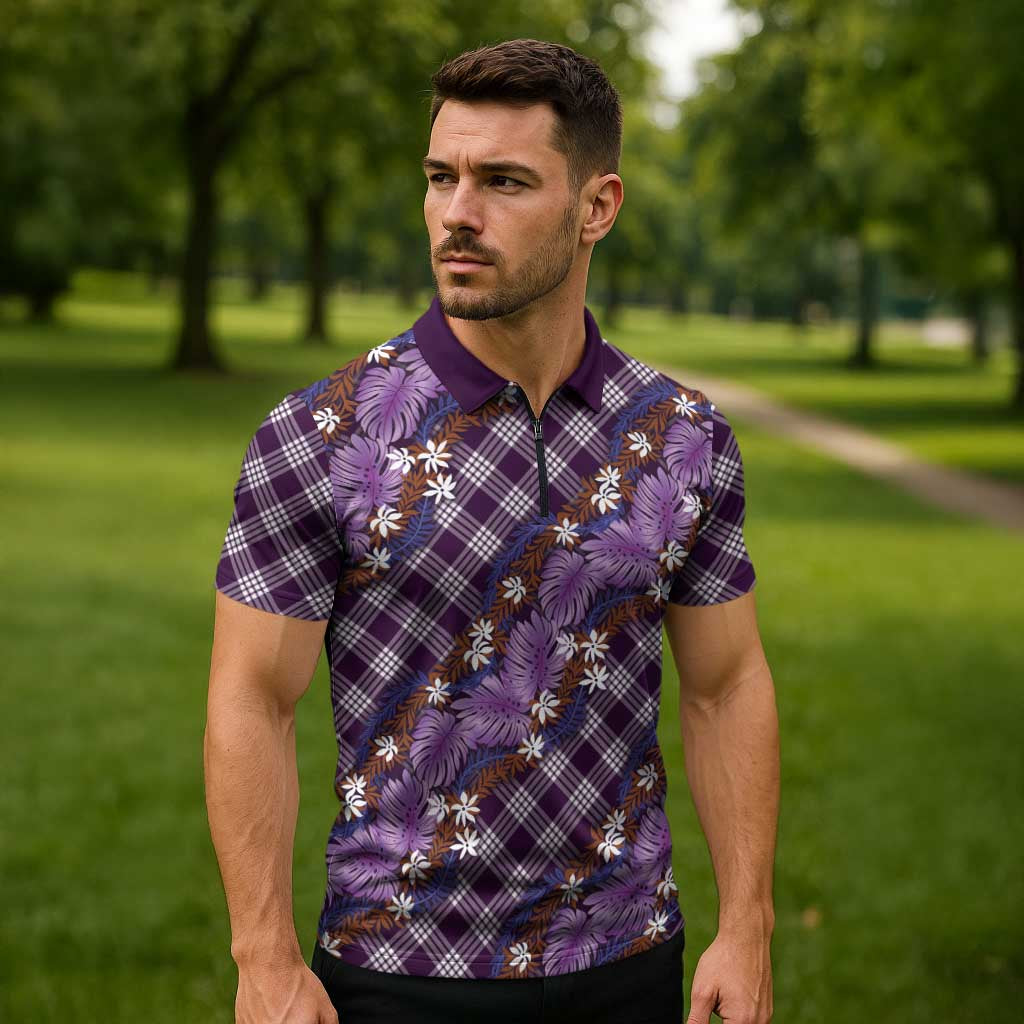 Polynesian Monstera Tiare Floral Zipper Polo Shirt Lavender Tropical Plaid - Polynesian Pride