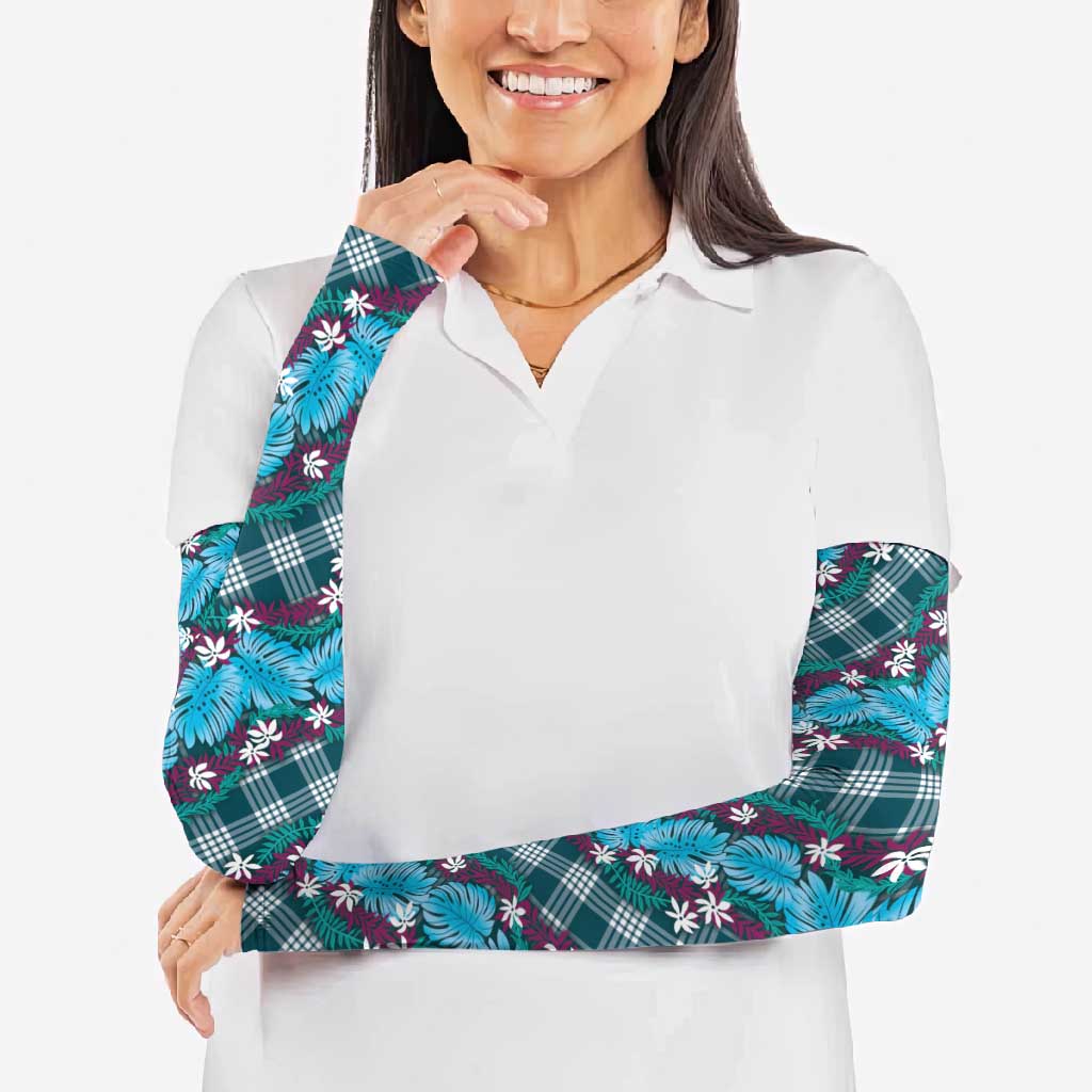 Polynesian Monstera Tiare Floral Arm Sleeves Dark Teal Tropical Plaid - Polynesian Pride