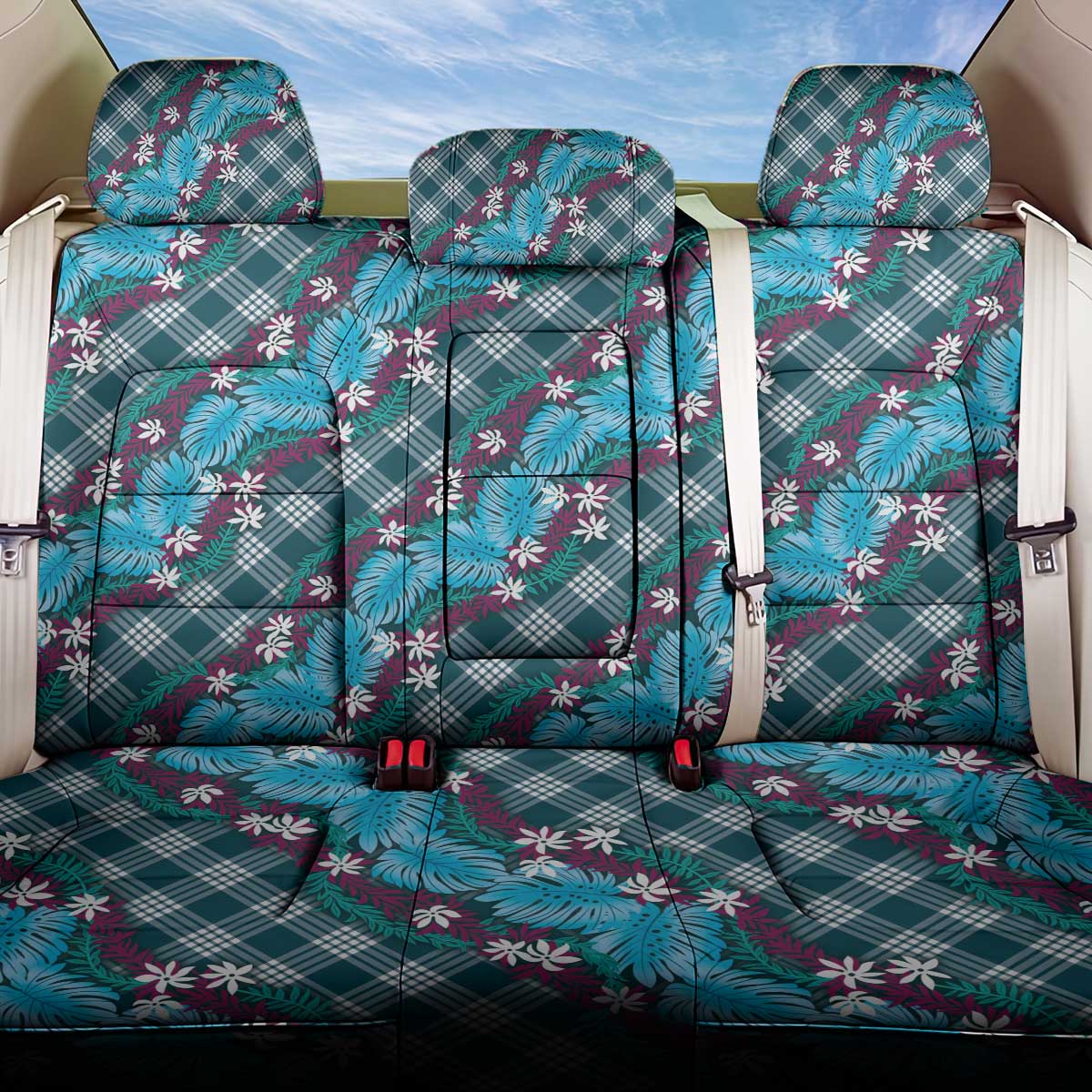 Polynesian Monstera Tiare Floral Back Car Seat Cover Dark Teal Tropical Plaid LT01 One Size Teal - Polynesian Pride