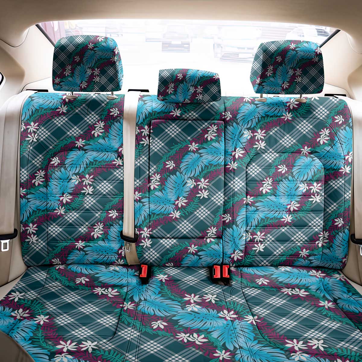 Polynesian Monstera Tiare Floral Back Car Seat Cover Dark Teal Tropical Plaid LT01 - Polynesian Pride