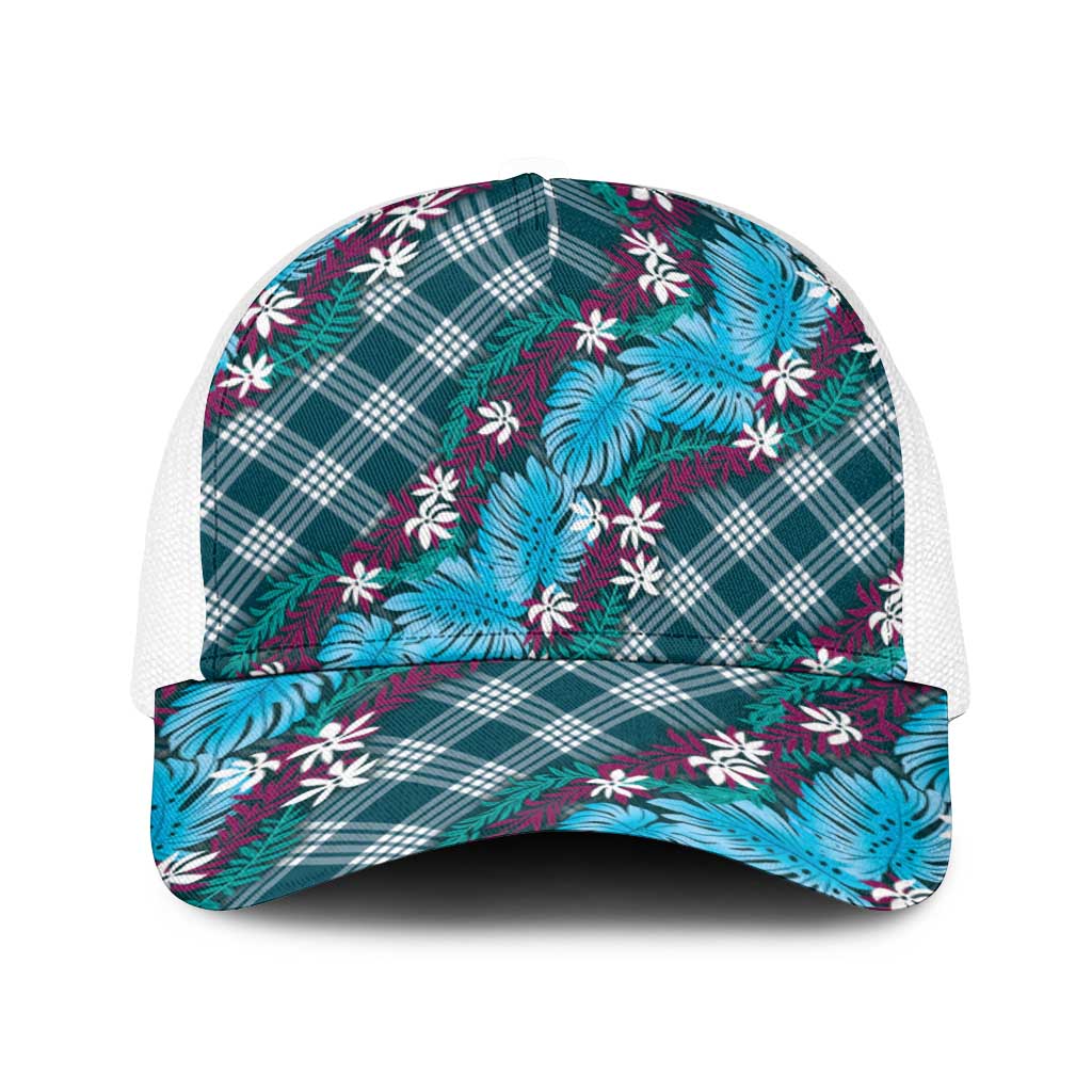 Polynesian Monstera Tiare Floral Baseball Net Cap Dark Teal Tropical Plaid - Polynesian Pride
