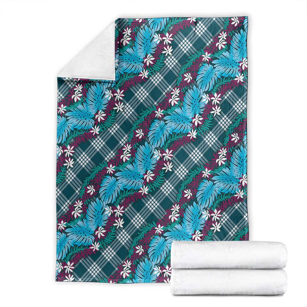 Polynesian Monstera Tiare Floral Blanket Dark Teal Tropical Plaid - Polynesian Pride