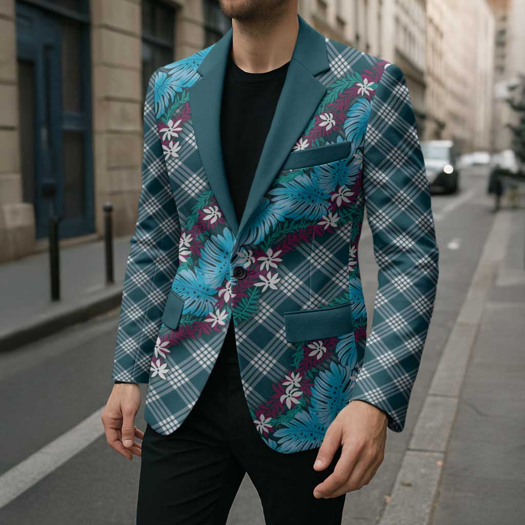 Polynesian Monstera Tiare Floral Blazer Dark Teal Tropical Plaid - Polynesian Pride