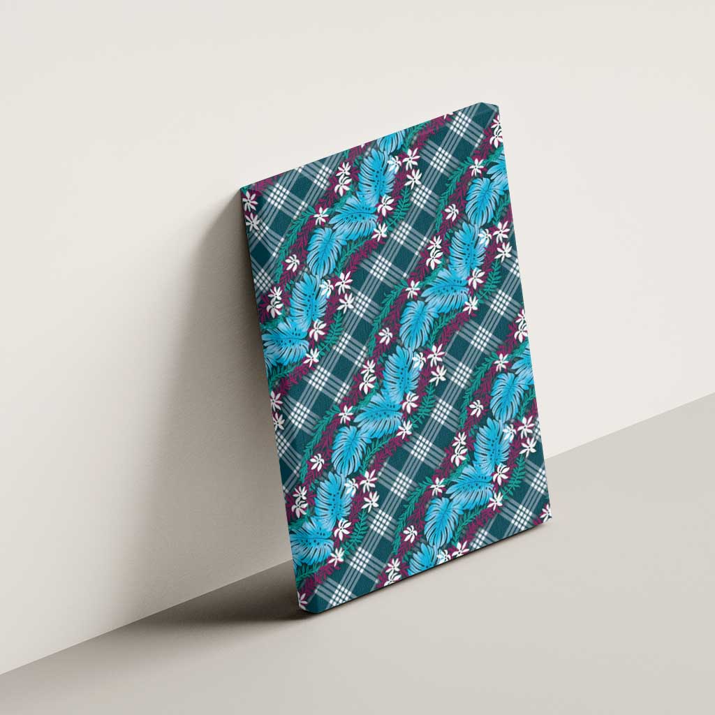 Polynesian Monstera Tiare Floral Canvas Wall Art Dark Teal Tropical Plaid - Polynesian Pride