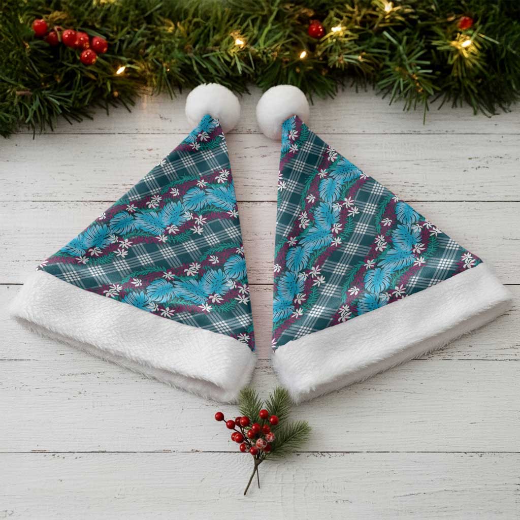 Polynesian Monstera Tiare Floral Christmas Santa Hat Dark Teal Tropical Plaid - Polynesian Pride