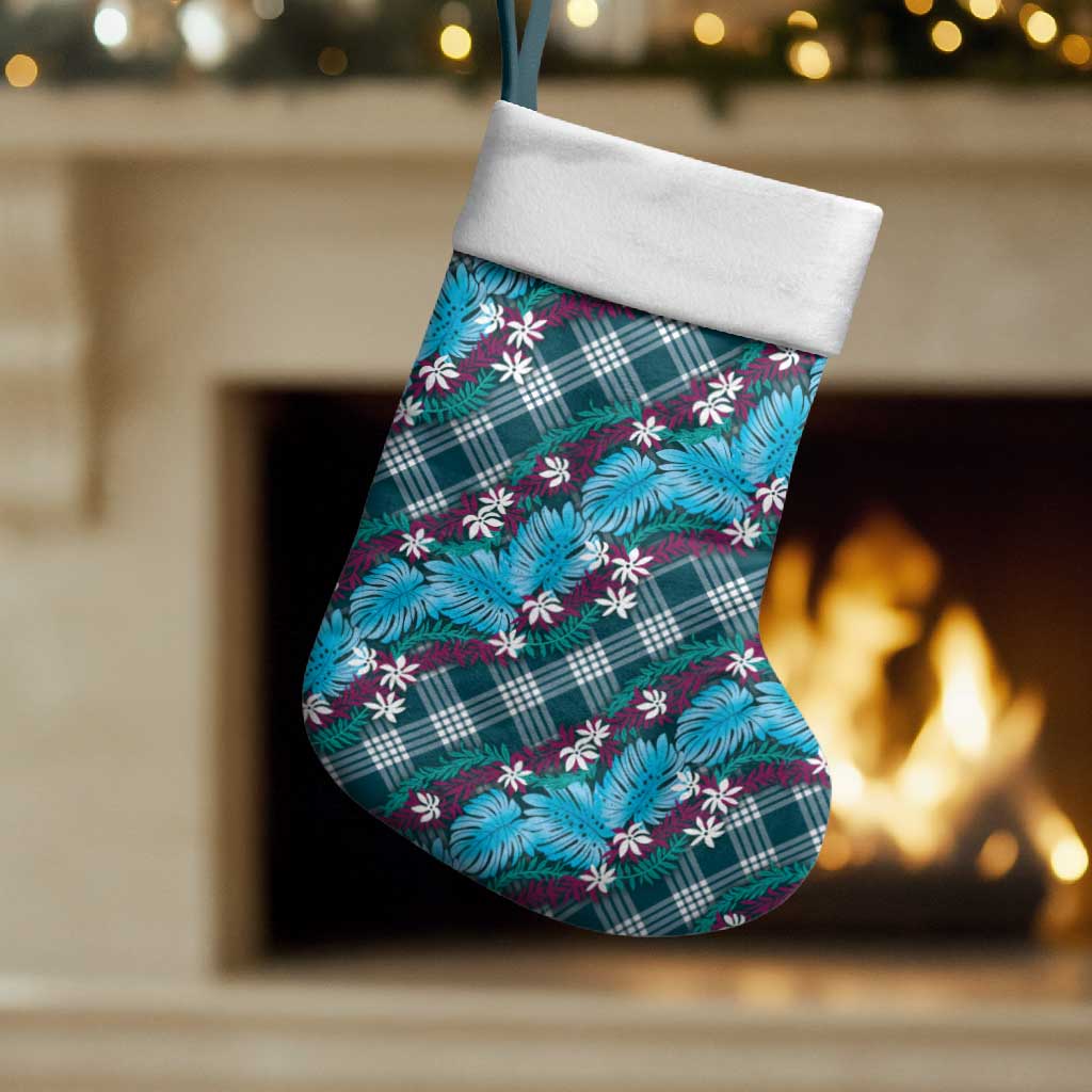 Polynesian Monstera Tiare Floral Christmas Stocking Dark Teal Tropical Plaid - Polynesian Pride