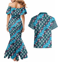 Polynesian Monstera Tiare Floral Couples Matching Mermaid Dress and Hawaiian Shirt Dark Teal Tropical Plaid LT01 - Polynesian Pride