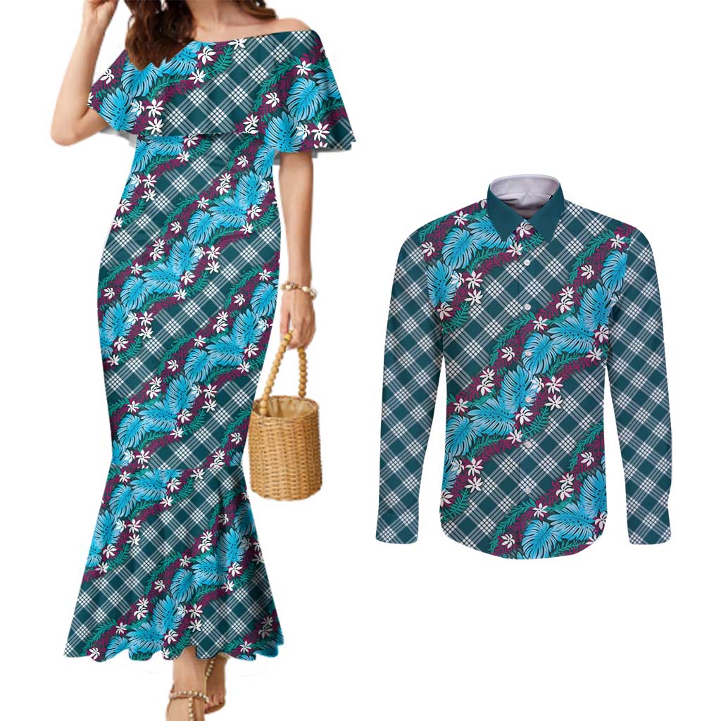 Polynesian Monstera Tiare Floral Couples Matching Mermaid Dress and Long Sleeve Button Shirt Dark Teal Tropical Plaid LT01 Teal - Polynesian Pride