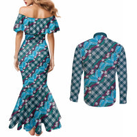 Polynesian Monstera Tiare Floral Couples Matching Mermaid Dress and Long Sleeve Button Shirt Dark Teal Tropical Plaid LT01 - Polynesian Pride