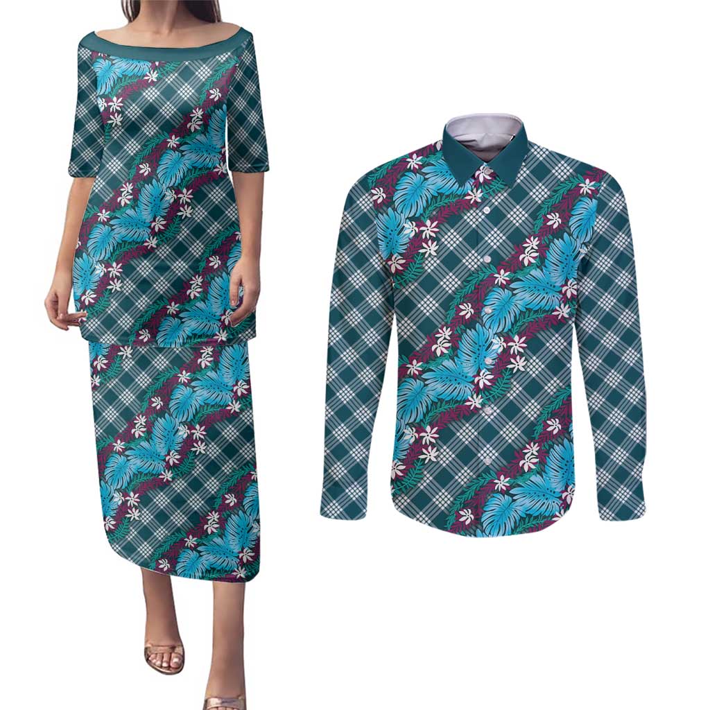 Polynesian Monstera Tiare Floral Couples Matching Puletasi and Long Sleeve Button Shirt Dark Teal Tropical Plaid - Polynesian Pride