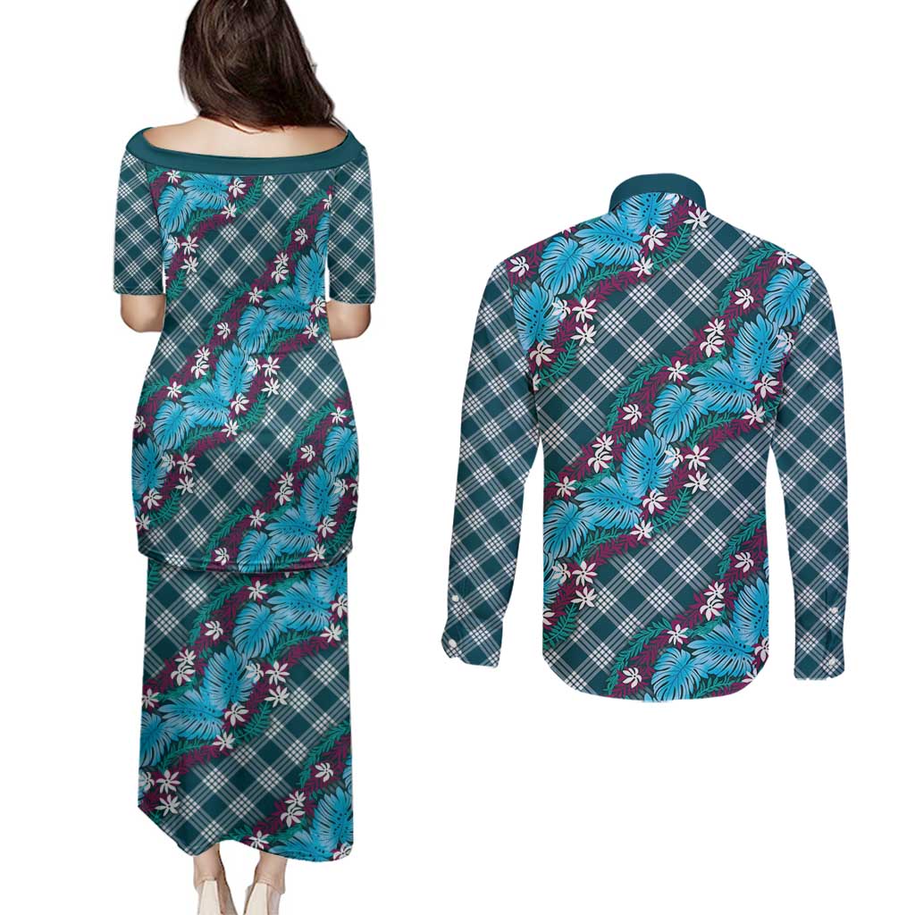 Polynesian Monstera Tiare Floral Couples Matching Puletasi and Long Sleeve Button Shirt Dark Teal Tropical Plaid LT01 - Polynesian Pride