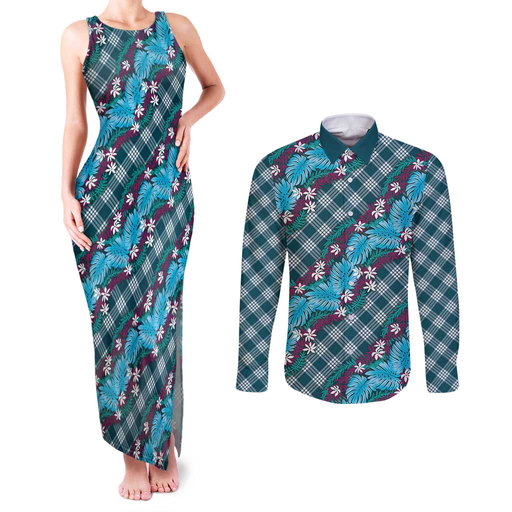Polynesian Monstera Tiare Floral Couples Matching Tank Maxi Dress and Long Sleeve Button Shirt Dark Teal Tropical Plaid LT01 Teal - Polynesian Pride