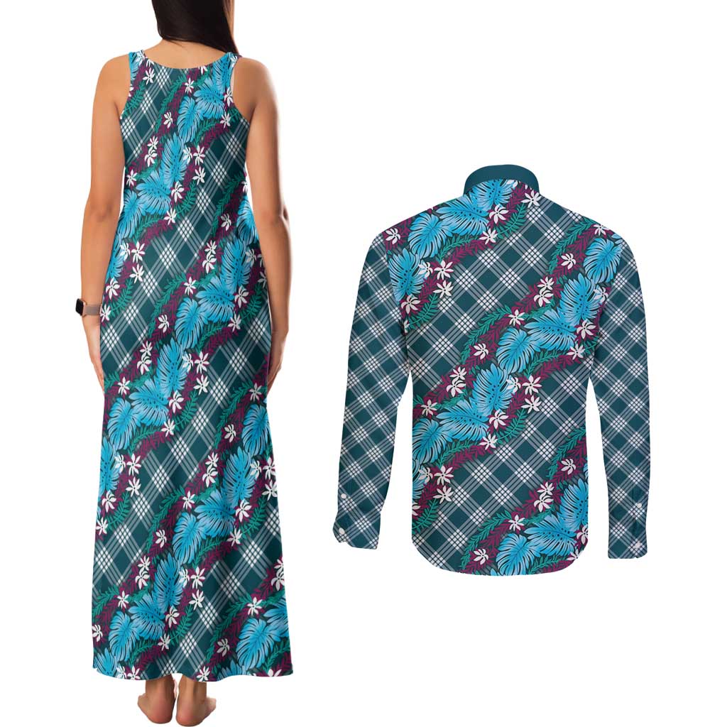 Polynesian Monstera Tiare Floral Couples Matching Tank Maxi Dress and Long Sleeve Button Shirt Dark Teal Tropical Plaid LT01 - Polynesian Pride