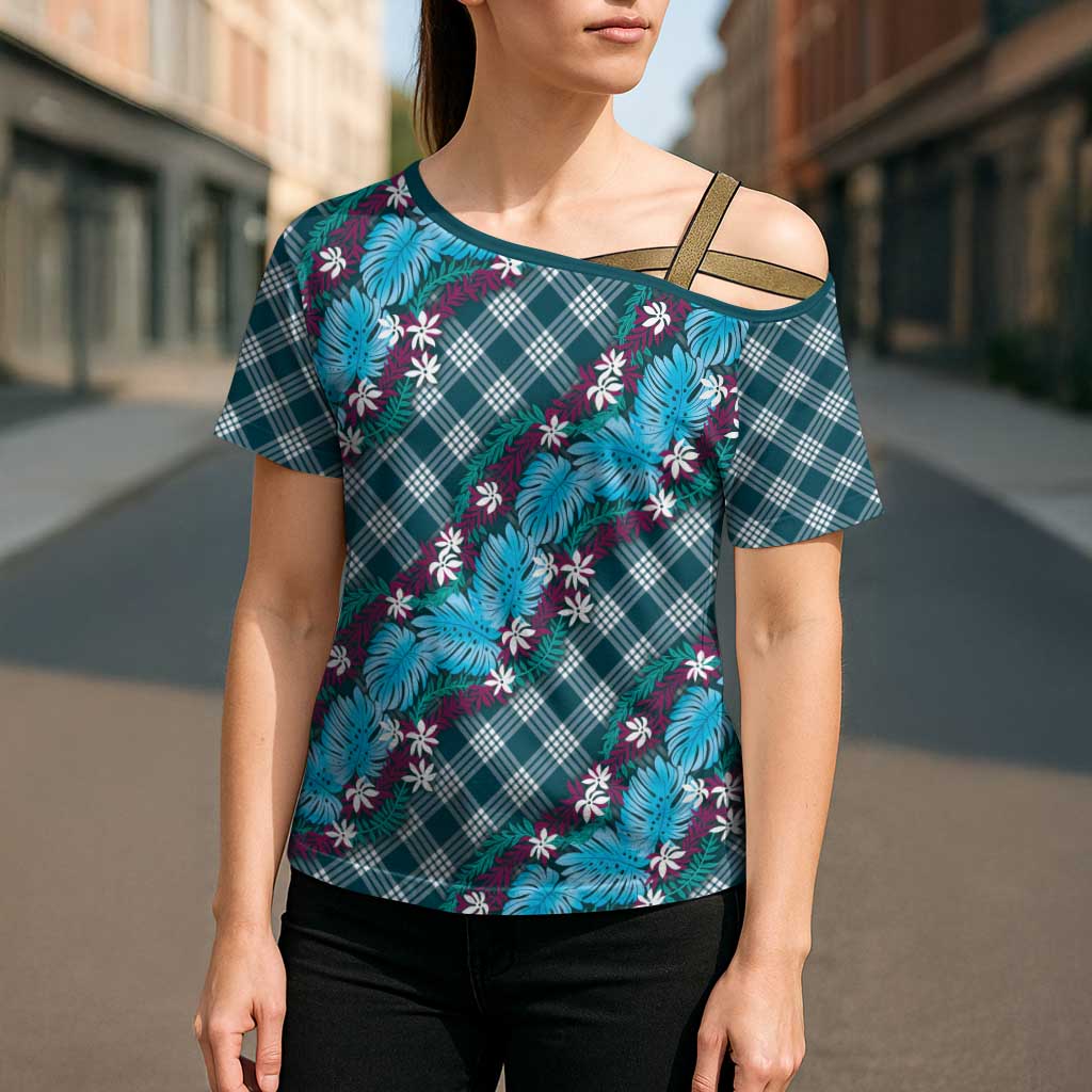 Polynesian Monstera Tiare Floral Cross Shoulder Shirt Dark Teal Tropical Plaid - Polynesian Pride