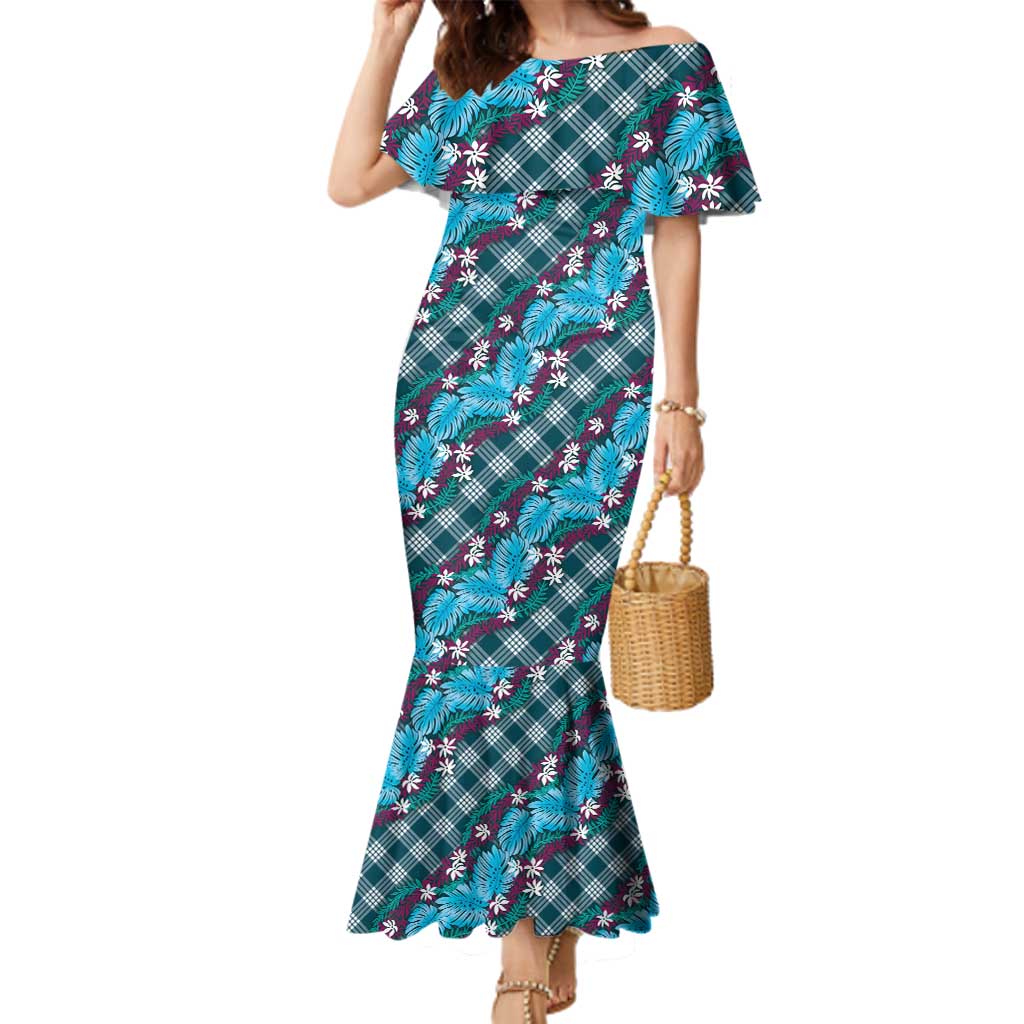 Polynesian Monstera Tiare Floral Family Matching Mermaid Dress and Hawaiian Shirt Dark Teal Tropical Plaid - Polynesian Pride