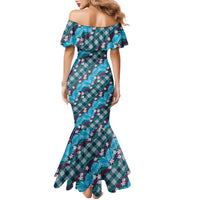 Polynesian Monstera Tiare Floral Family Matching Mermaid Dress and Hawaiian Shirt Dark Teal Tropical Plaid - Polynesian Pride