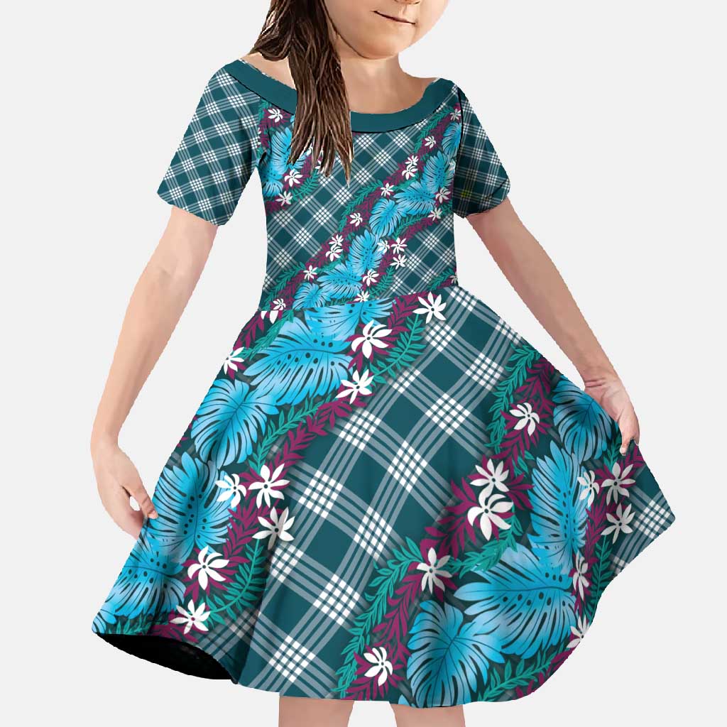 Polynesian Monstera Tiare Floral Family Matching Off Shoulder Maxi Dress and Hawaiian Shirt Dark Teal Tropical Plaid - Polynesian Pride