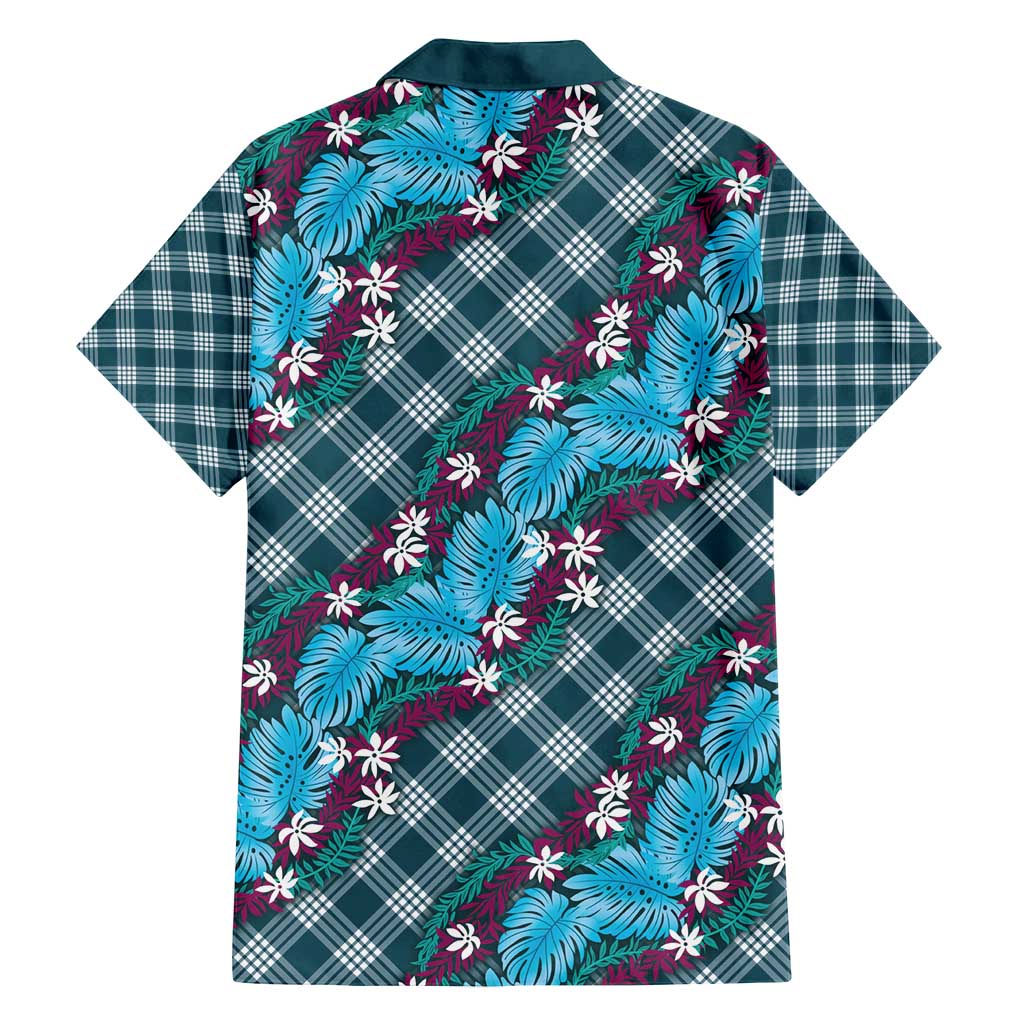 Polynesian Monstera Tiare Floral Family Matching Off Shoulder Maxi Dress and Hawaiian Shirt Dark Teal Tropical Plaid - Polynesian Pride