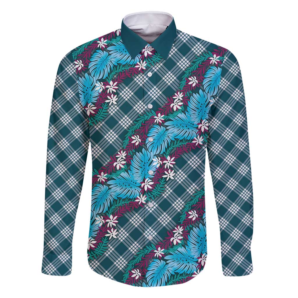 Polynesian Monstera Tiare Floral Family Matching Off Shoulder Maxi Dress and Hawaiian Shirt Dark Teal Tropical Plaid - Polynesian Pride