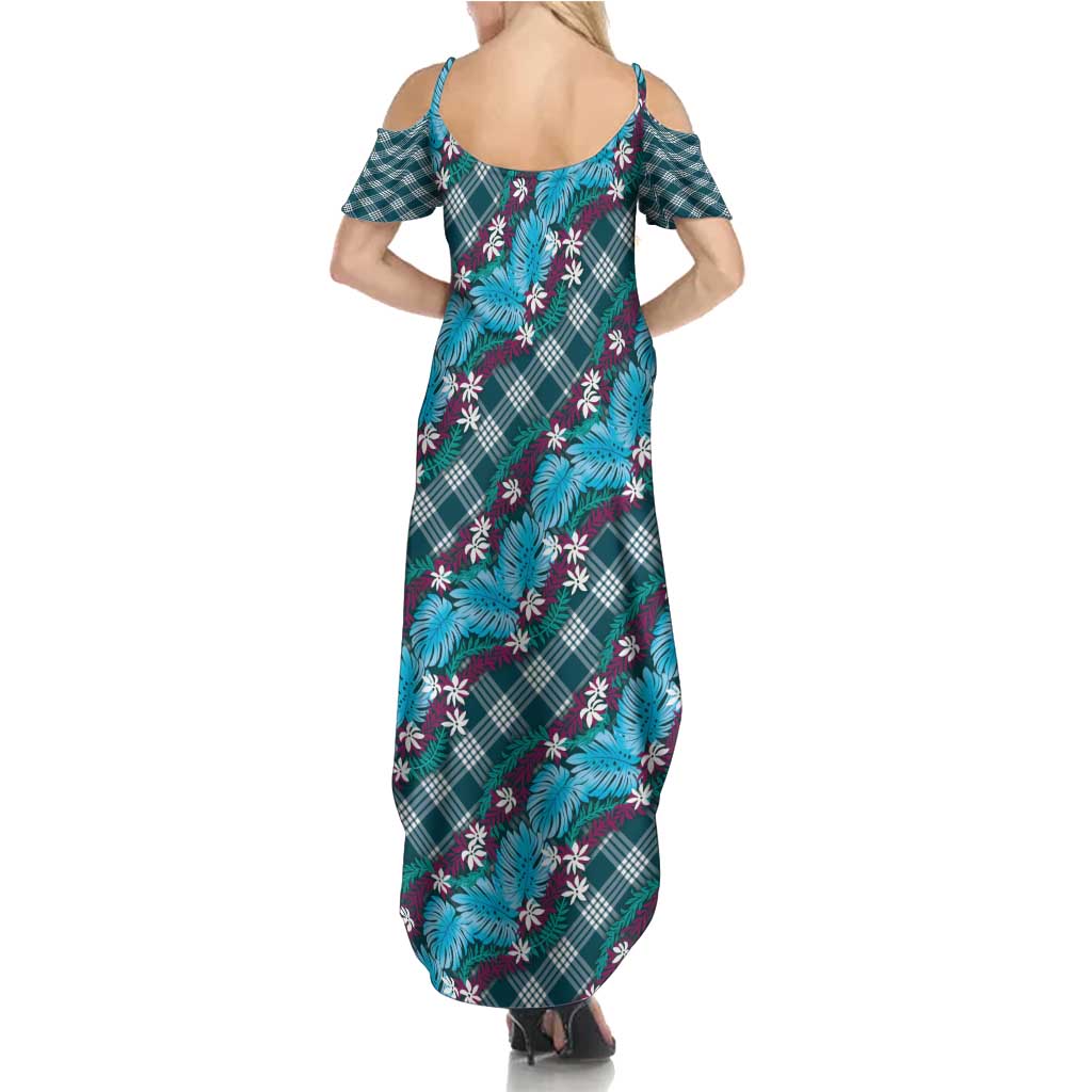 Polynesian Monstera Tiare Floral Family Matching Summer Maxi Dress and Hawaiian Shirt Dark Teal Tropical Plaid - Polynesian Pride