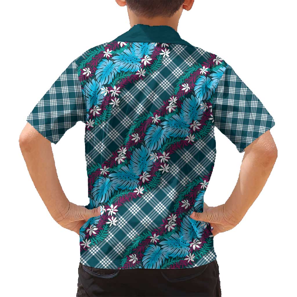 Polynesian Monstera Tiare Floral Family Matching Tank Maxi Dress and Hawaiian Shirt Dark Teal Tropical Plaid - Polynesian Pride