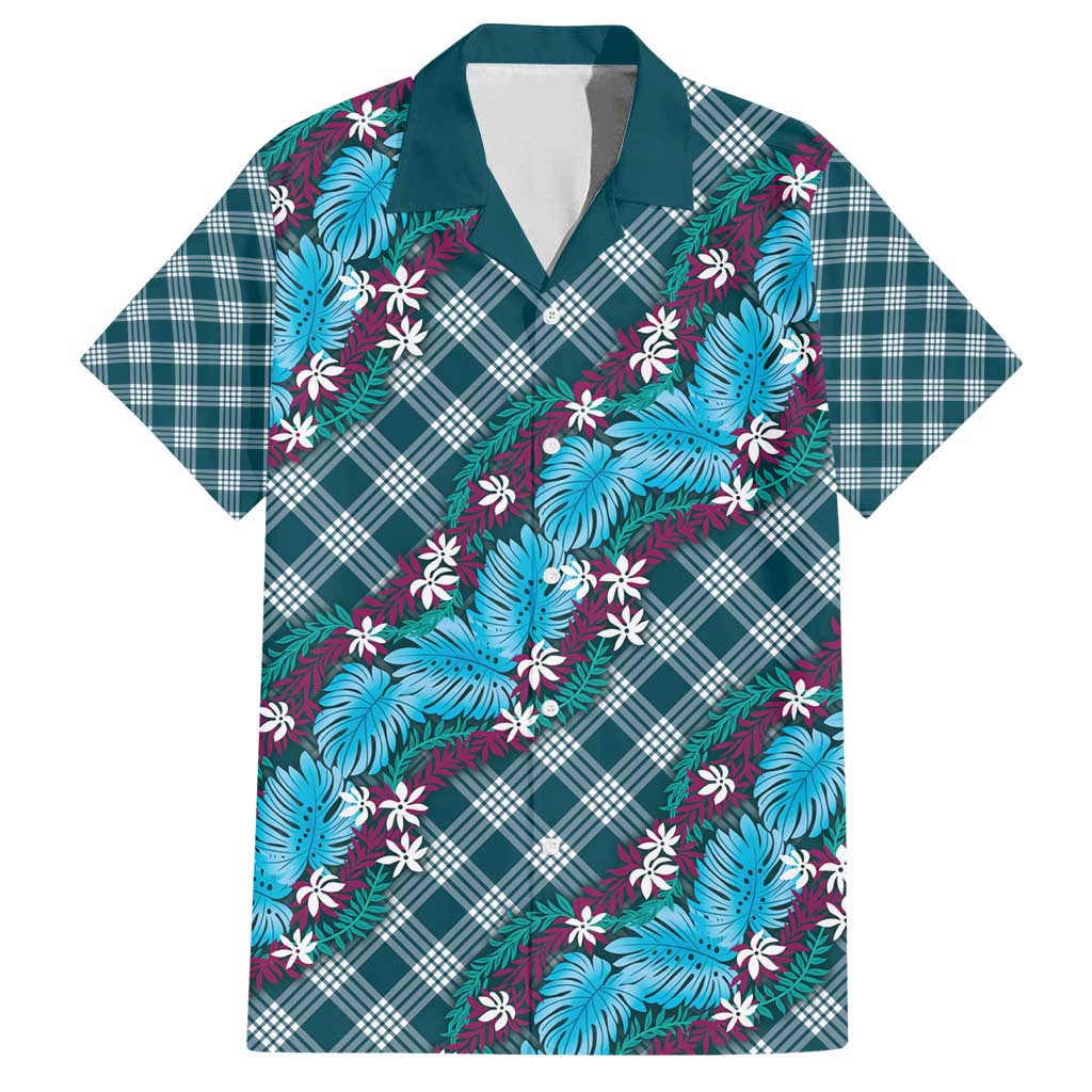 Polynesian Monstera Tiare Floral Family Matching Tank Maxi Dress and Hawaiian Shirt Dark Teal Tropical Plaid - Polynesian Pride