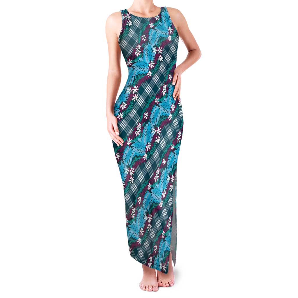 Polynesian Monstera Tiare Floral Family Matching Tank Maxi Dress and Hawaiian Shirt Dark Teal Tropical Plaid - Polynesian Pride
