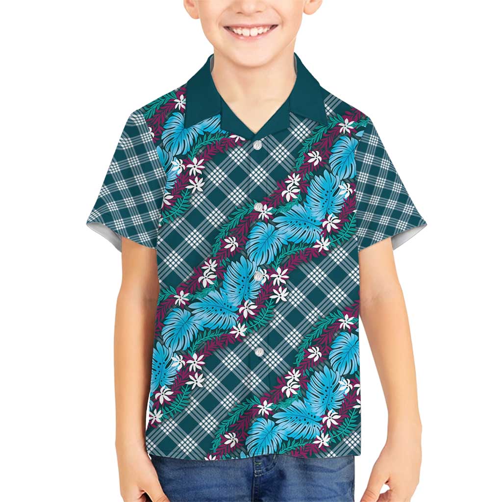 Polynesian Monstera Tiare Floral Family Matching Tank Maxi Dress and Hawaiian Shirt Dark Teal Tropical Plaid - Polynesian Pride
