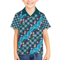 Polynesian Monstera Tiare Floral Family Matching Tank Maxi Dress and Hawaiian Shirt Dark Teal Tropical Plaid - Polynesian Pride