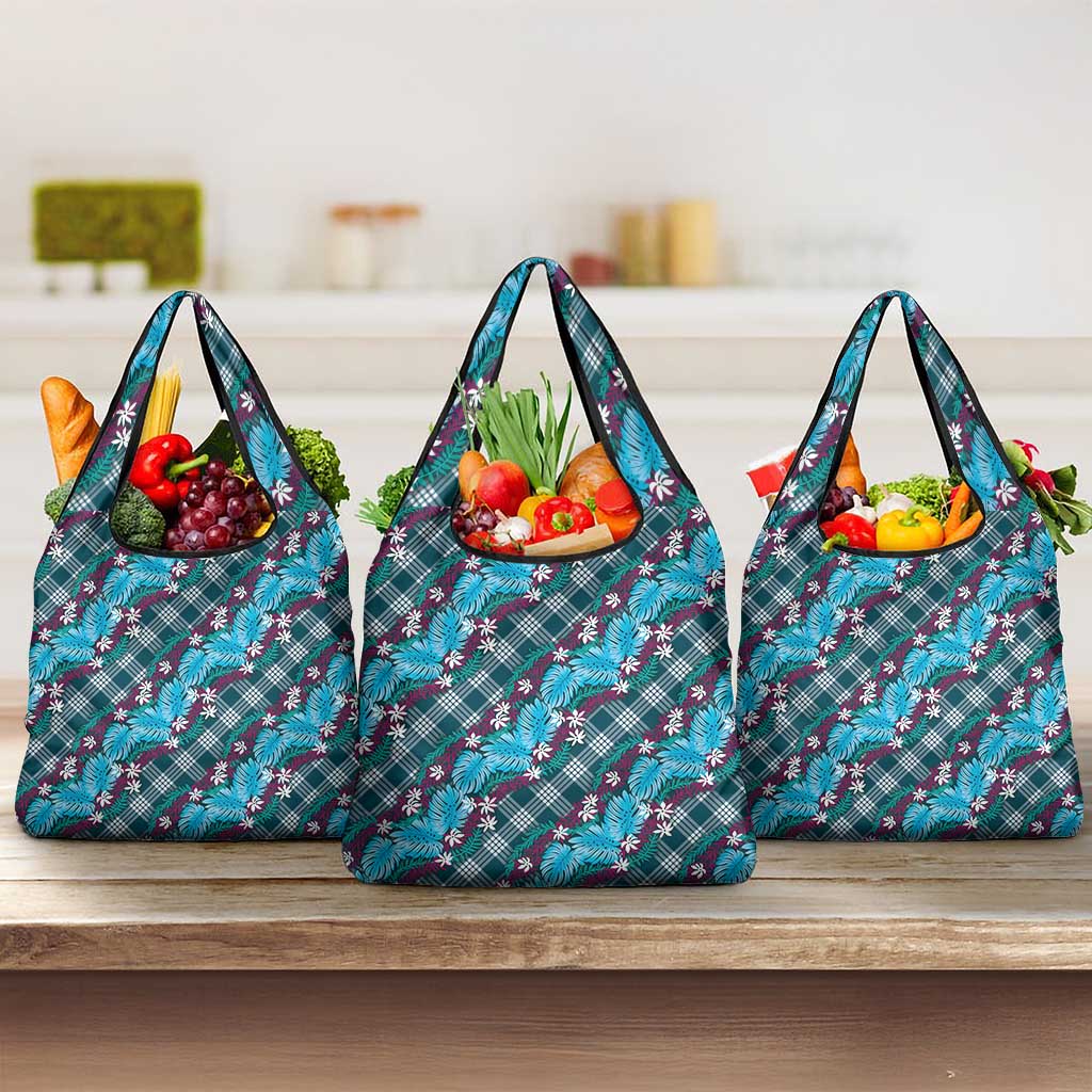 Polynesian Monstera Tiare Floral Grocery Bag Dark Teal Tropical Plaid - Polynesian Pride