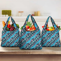 Polynesian Monstera Tiare Floral Grocery Bag Dark Teal Tropical Plaid - Polynesian Pride