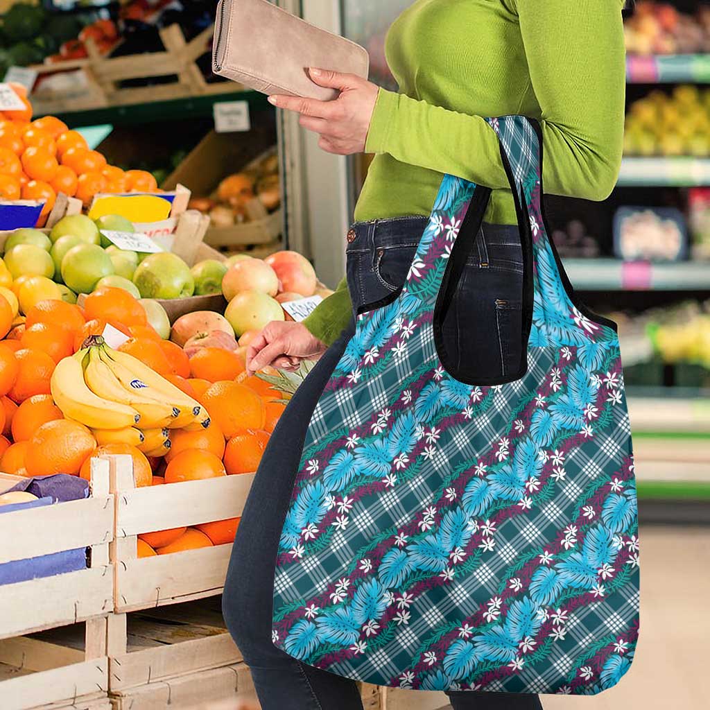 Polynesian Monstera Tiare Floral Grocery Bag Dark Teal Tropical Plaid - Polynesian Pride