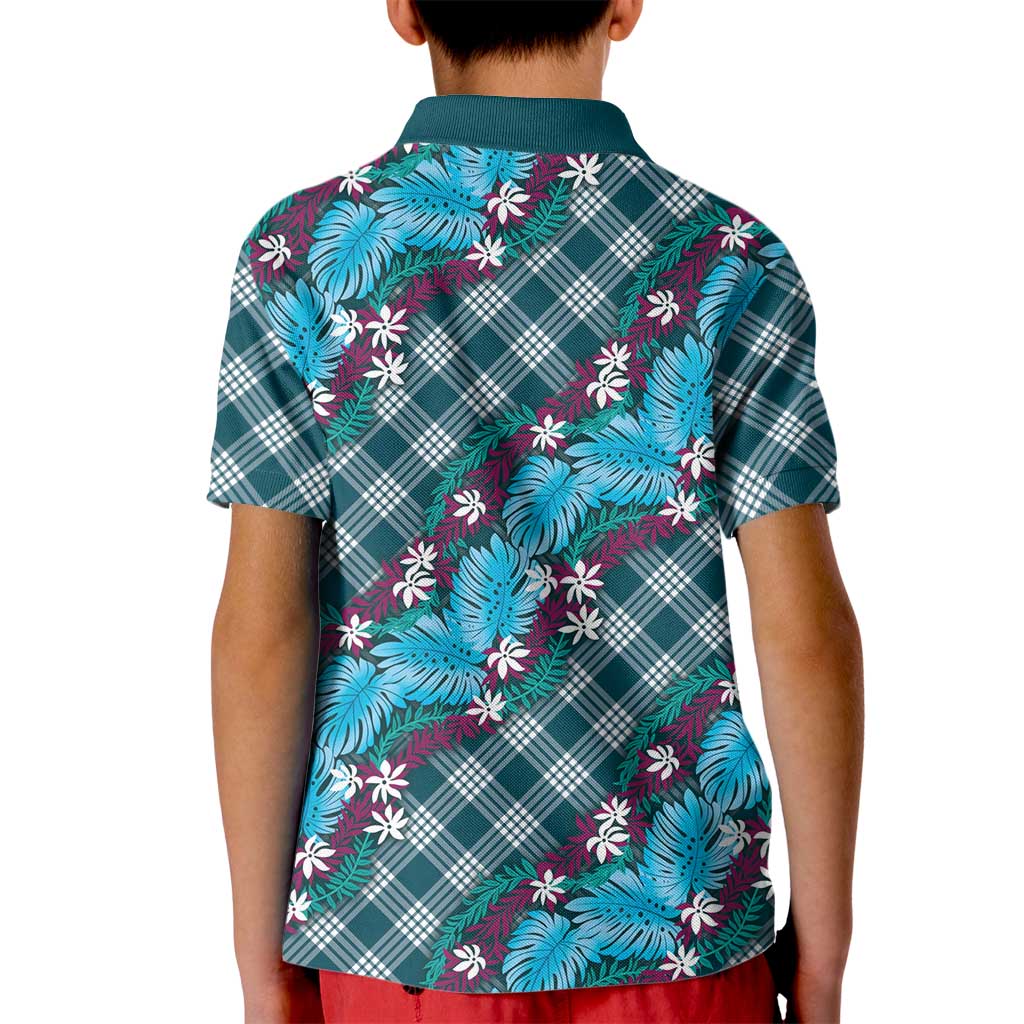 Polynesian Monstera Tiare Floral Kid Polo Shirt Dark Teal Tropical Plaid LT01 - Polynesian Pride