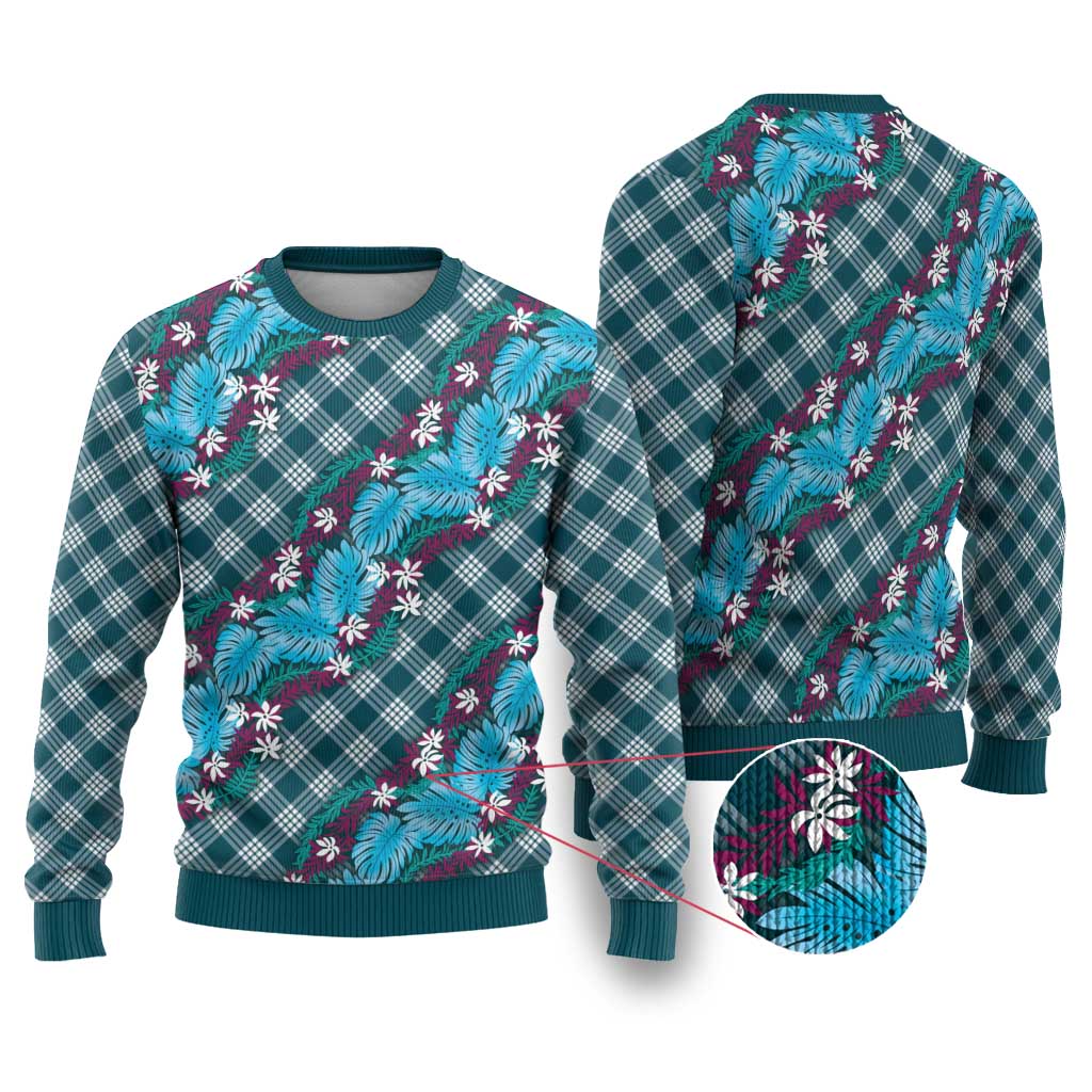 Polynesian Monstera Tiare Floral Ugly Christmas Sweater Dark Teal Tropical Plaid LT01 Teal - Polynesian Pride