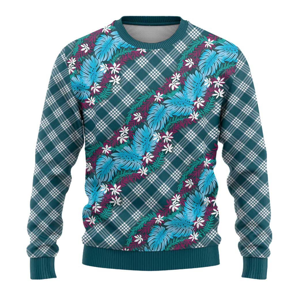 Polynesian Monstera Tiare Floral Ugly Christmas Sweater Dark Teal Tropical Plaid LT01 - Polynesian Pride