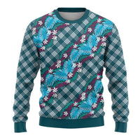 Polynesian Monstera Tiare Floral Ugly Christmas Sweater Dark Teal Tropical Plaid LT01 - Polynesian Pride