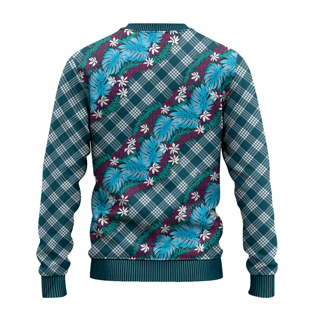 Polynesian Monstera Tiare Floral Ugly Christmas Sweater Dark Teal Tropical Plaid LT01 - Polynesian Pride
