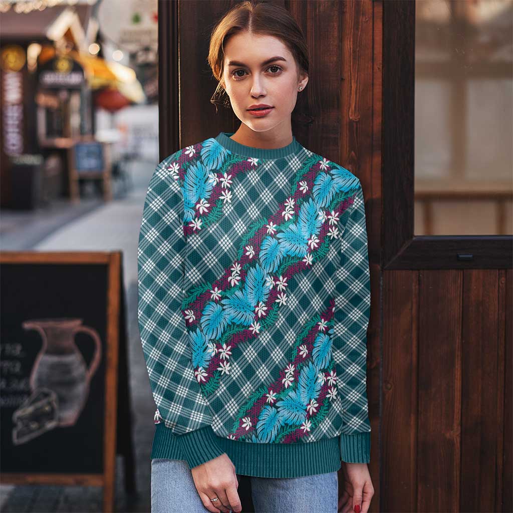 Polynesian Monstera Tiare Floral Ugly Christmas Sweater Dark Teal Tropical Plaid LT01 - Polynesian Pride