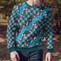 Polynesian Monstera Tiare Floral Ugly Christmas Sweater Dark Teal Tropical Plaid LT01 - Polynesian Pride