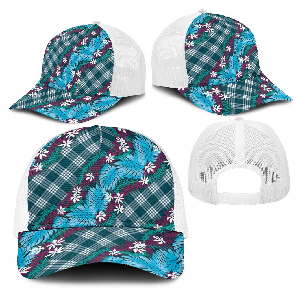 Polynesian Monstera Tiare Floral Mesh Trucker Cap Dark Teal Tropical Plaid - Polynesian Pride