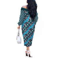 Polynesian Monstera Tiare Floral Off The Shoulder Long Sleeve Dress Dark Teal Tropical Plaid LT01 - Polynesian Pride