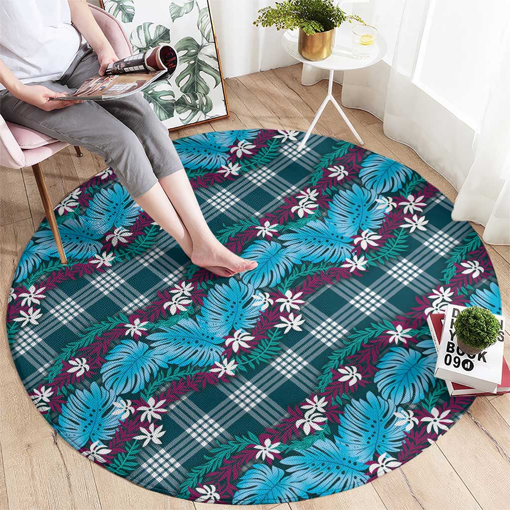 Polynesian Monstera Tiare Floral Round Carpet Dark Teal Tropical Plaid LT01 - Polynesian Pride