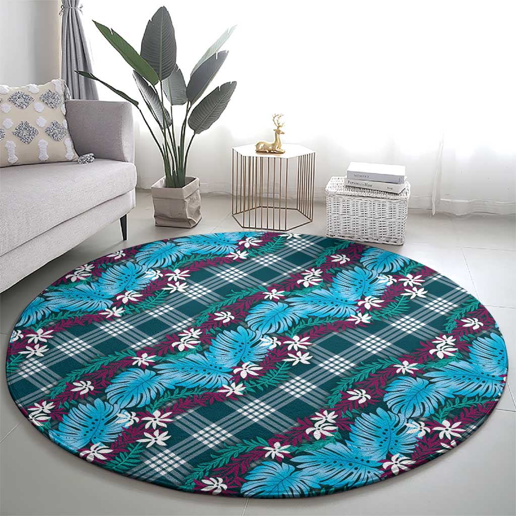 Polynesian Monstera Tiare Floral Round Carpet Dark Teal Tropical Plaid LT01 - Polynesian Pride