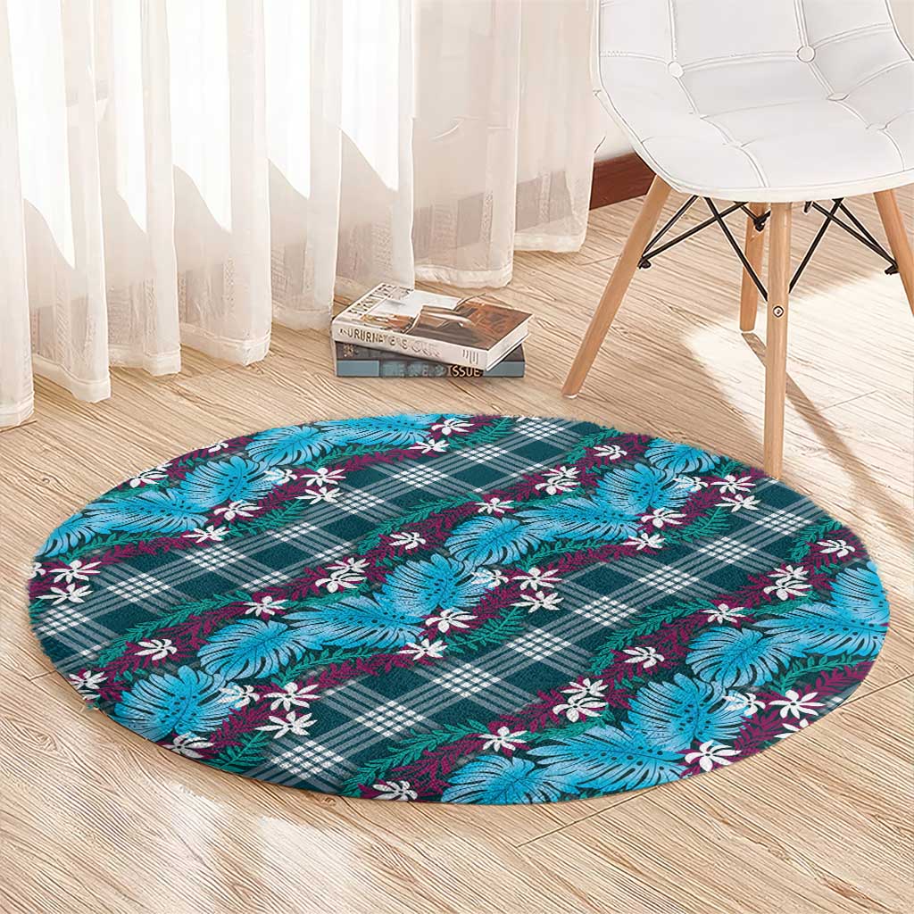 Polynesian Monstera Tiare Floral Round Carpet Dark Teal Tropical Plaid LT01 - Polynesian Pride