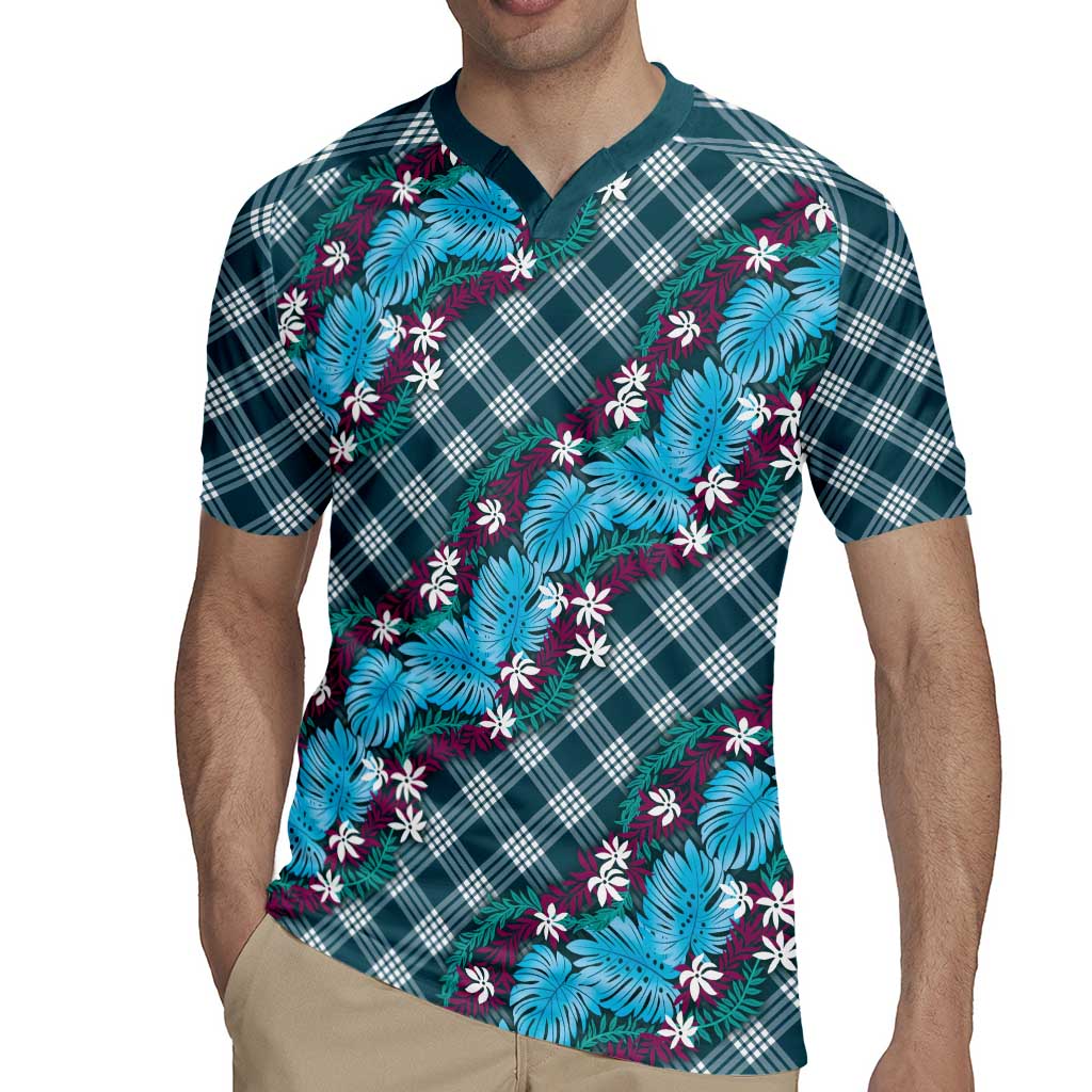 Polynesian Monstera Tiare Floral Rugby Jersey Dark Teal Tropical Plaid LT01 - Polynesian Pride