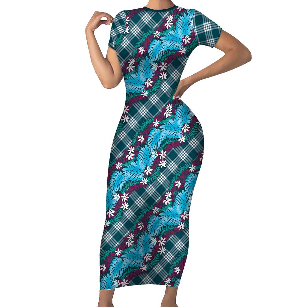 Polynesian Monstera Tiare Floral Short Sleeve Bodycon Dress Dark Teal Tropical Plaid - Polynesian Pride