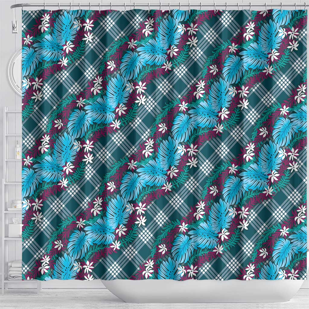 Polynesian Monstera Tiare Floral Shower Curtain Dark Teal Tropical Plaid LT01 - Polynesian Pride